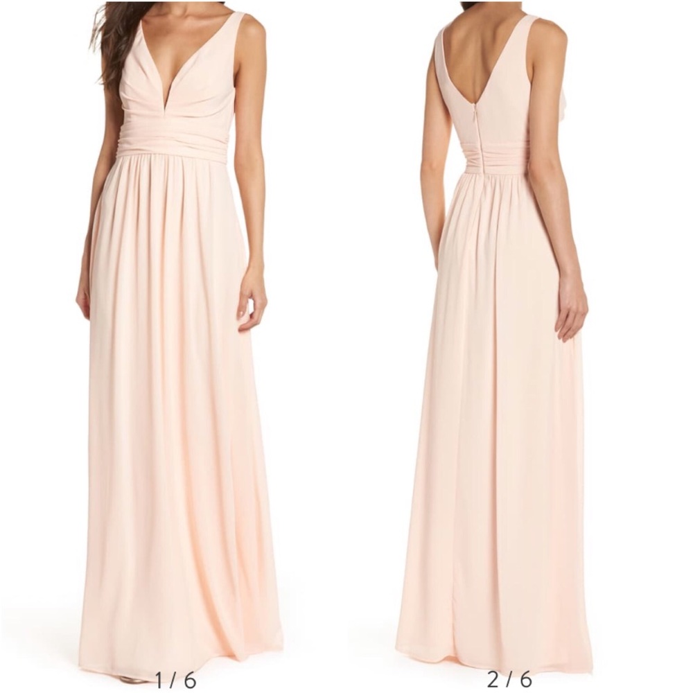 LuLus Sleeveless Plunge V-Neck Chiffon Gown Ruched Bridesmaid Maxi Dress Pink XS